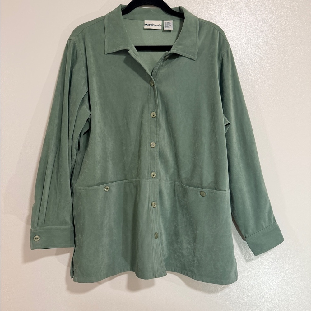 Faux Suede Olive Green Shacket Chore Jacket Womens 14W Minimalist Lagenlook